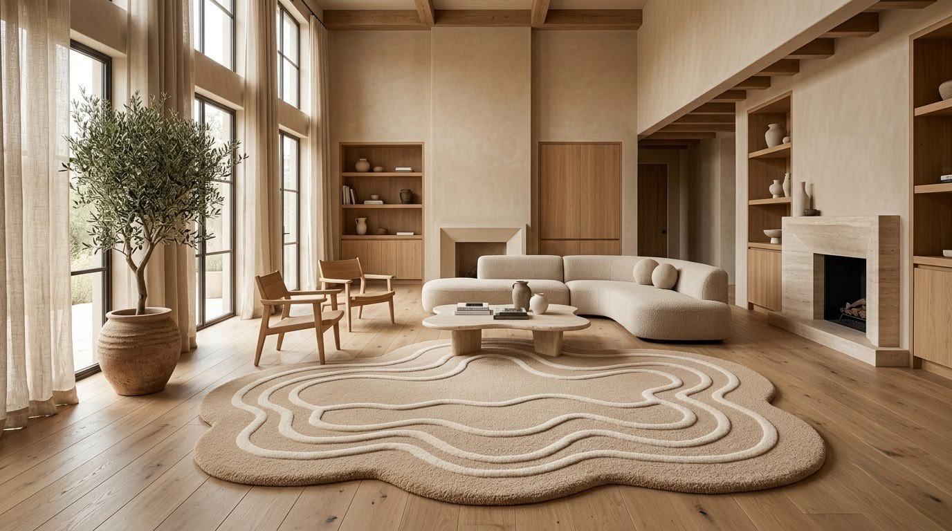 Luxury Beige Organic Shape Hand-Tufted Wool Rug in a Modern Living Room